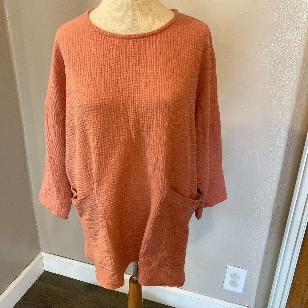 Women's Rust Orange Textured Tunic Blouse with Pockets
